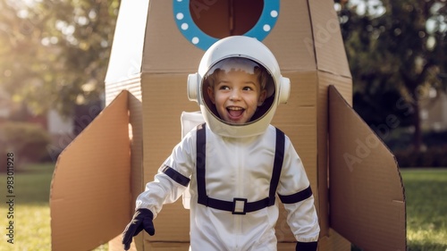 A joyful child in an astronaut costume stands in front of a cardboard rocket, embodying the spirit of adventure and imagination in a lush outdoor setting