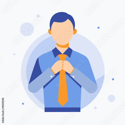 A man in a blue shirt and orange tie is getting ready to tie his tie. Concept of professionalism and formality, as the man is dressed in a suit and tie. The man's focused expression