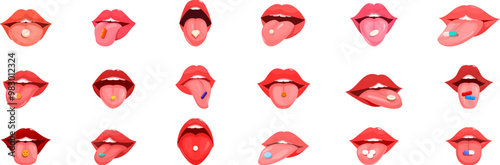 Pill tongue icons set. Collection of female mouths showing tongue with a pill on it, concept of drug use