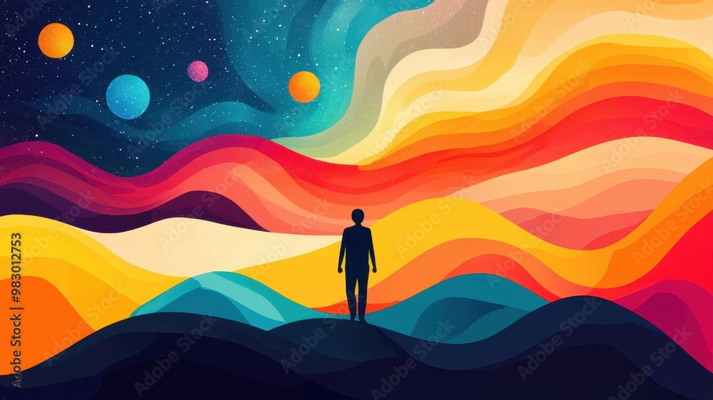 A colorful abstract landscape featuring a silhouette of a person against vibrant waves and cosmic elements. A colorful abstract landscape featuring a silhouette of a person against vibrant waves and cosmic elements.
