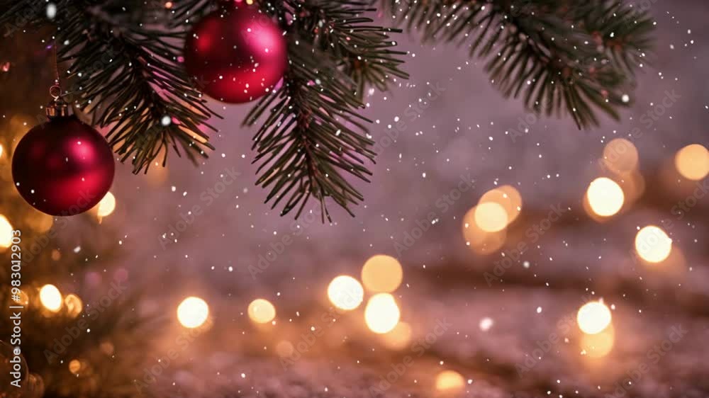 Snowy Christmas Background with New Years Toy Adorning a Tree Branch Snowy Christmas Background with New Years Toy Adorning a Tree Branch