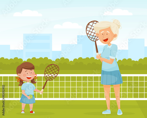Senior Woman Character Play Badminton with Little Granddaughter Vector Illustration