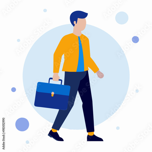 A man in a yellow jacket is walking with a briefcase. Concept of professionalism and responsibility, as the man is likely a businessman or a professional carrying important documents in his briefcase
