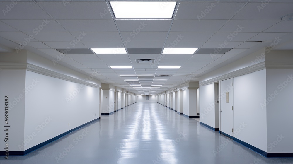 A stark, narrow corridor is illuminated by rows of fluorescent lights, casting an almost eerie and isolating atmosphere. A stark, narrow corridor is illuminated by rows of fluorescent lights, casting an almost eerie and isolating atmosphere.