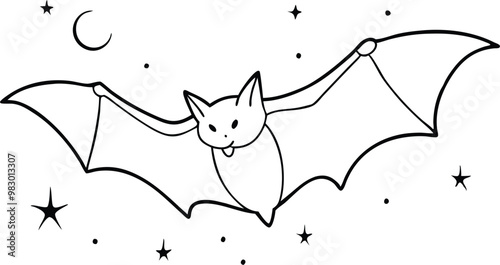 Bat Flying Through the Night Sky Vector Illustration for Kids Coloring Fun
