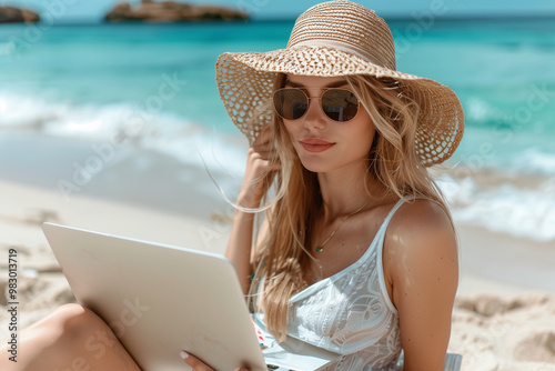 Freelancer woman with laptop on the beach 01 photo