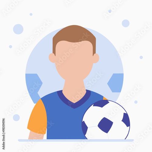 A young man in a blue jersey is holding a soccer ball. Concept of sportsmanship and athleticism