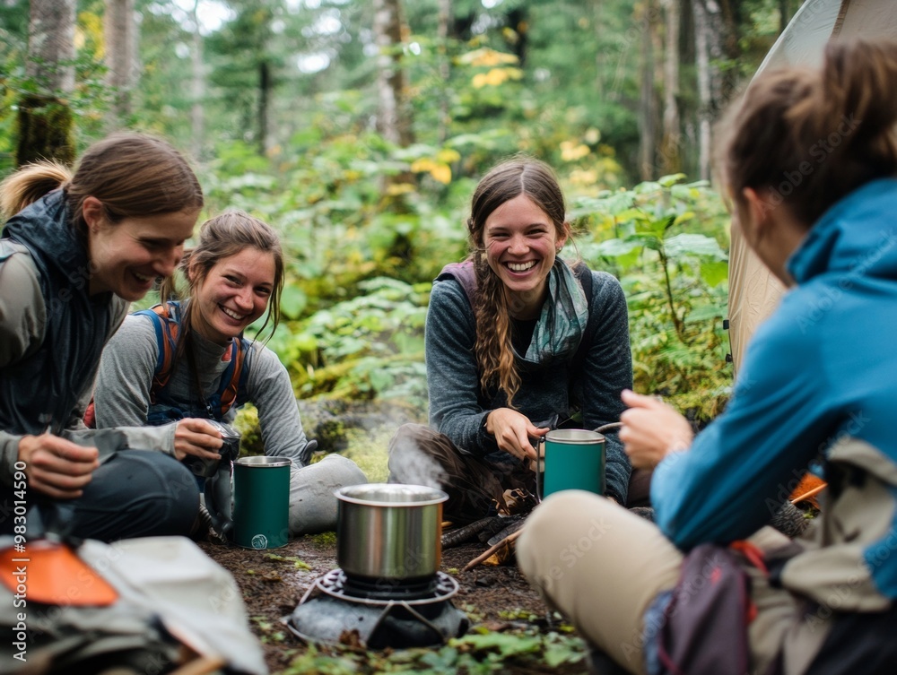 Happy Young Female Campers Enjoying Morning Coffee in Forest Campsite, Smiling and Laughing with Eco-Friendly Mugs Near Tent Happy Young Female Campers Enjoying Morning Coffee in Forest Campsite, Smiling and Laughing with Eco-Friendly Mugs Near Tent