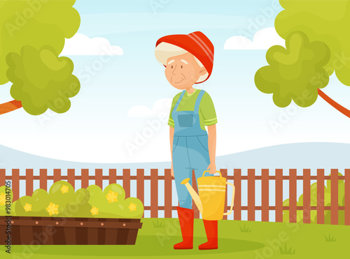 Senior Woman Character Water Plant in Garden Vector Illustration