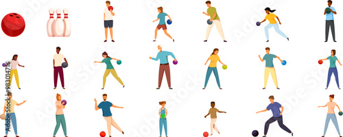 People playing bowling icons set. People playing bowling set, characters throwing balls on bowling alley, spare and strike, leisure game vector illustration