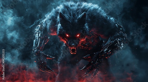 A dark, menacing wolf-like creature with glowing red eyes emerges from smoke and flames, exuding an aura of danger and mystery.