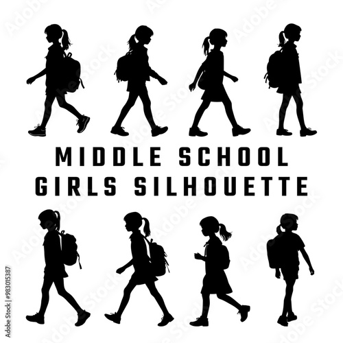 Silhouettes of school children's. elementary school, middle school girls students. young pupils walking with backpacks. vector illustration on white background.