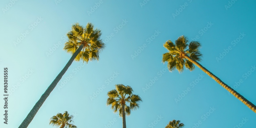 Obraz premium A row of palm trees are in the sky with a blue sky background