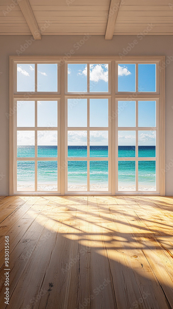 Fototapeta premium A vertical photo of an empty living room with a wooden floor and a bright window with a light blue ocean view