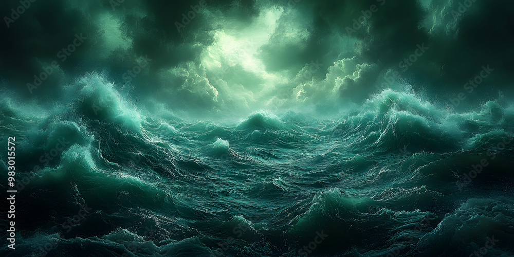 A Dark Green Ocean with Stormy Waves and Ominous Clouds Overhead, Depicting a Dramatic and Turbulent Seascape with a Foreboding Atmosphere
A Dark Green Ocean with Stormy Waves and Ominous Clouds Overhead, Depicting a Dramatic and Turbulent Seascape with a Foreboding Atmosphere