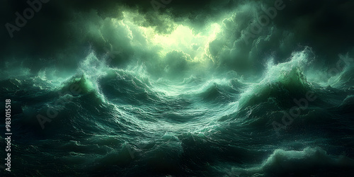 A Dark Green Ocean with Stormy Waves and Ominous Clouds Overhead, Depicting a Dramatic and Turbulent Seascape with a Foreboding Atmosphere