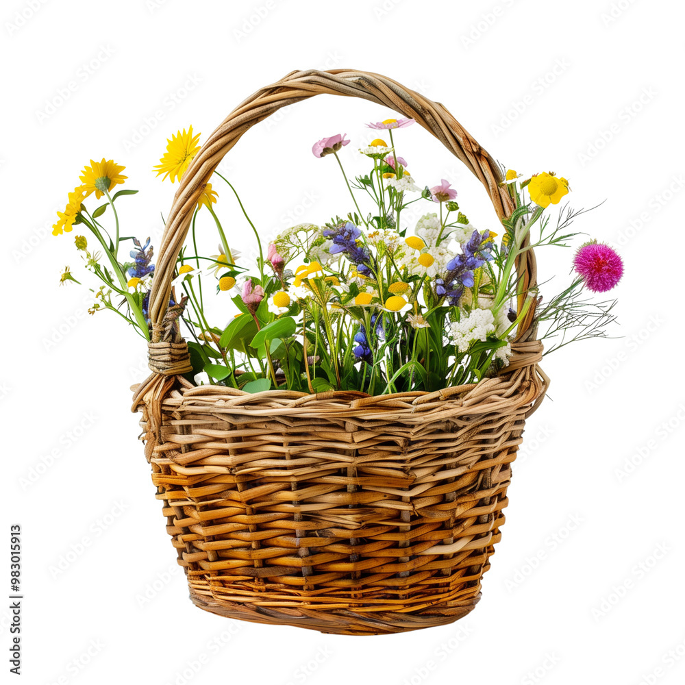 A wickerwork basket filled with freshly picked flowers isolated on a transparent background A wickerwork basket filled with freshly picked flowers isolated on a transparent background