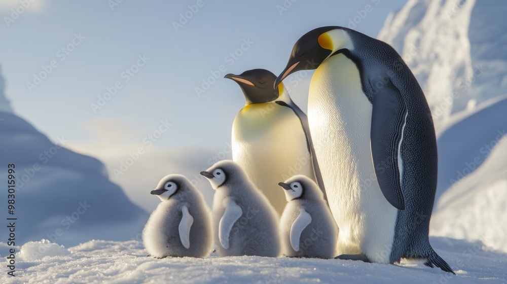 Obraz premium Emperor penguin parents watch over their adorable, downy chicks.