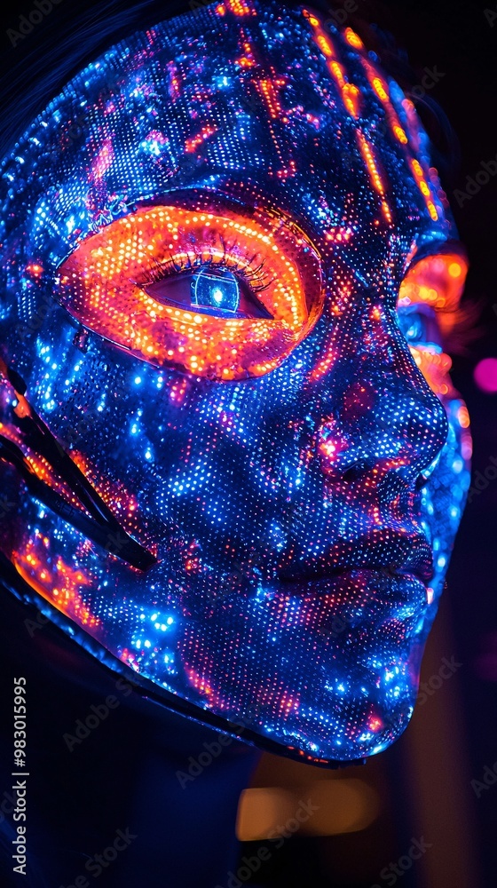Naklejka premium A mesmerizing illuminated mask glows with vibrant colors and intricate patterns, blending art and technology in an eye-catching display.
