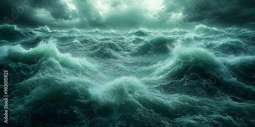 A Dark Green Ocean with Stormy Waves and Ominous Clouds Overhead, Depicting a Dramatic and Turbulent Seascape with a Foreboding Atmosphere