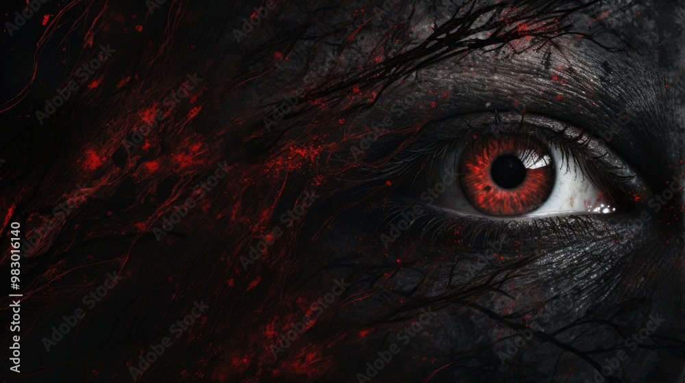 Fototapeta premium Scary wall background with sinister eyes, horror texture for background