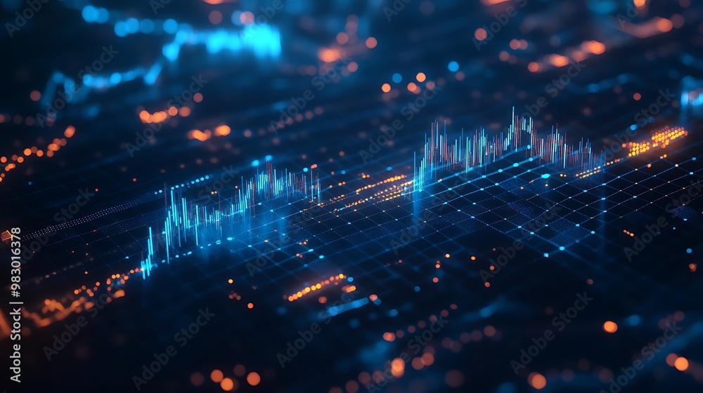 Fototapeta premium Futuristic Neon Data Visualization: Dynamic Financial Analytics and Technological Insights with Glowing Abstract Grid Patterns