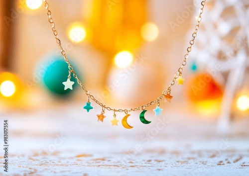 Ramadan Celebration Handmade Crescent and Star Motif Necklace Amid Festive Decorations photo