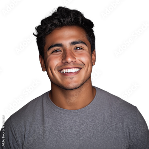 Happy young man with dark hair wearing a casual gray shirt, isolated on a transparent background