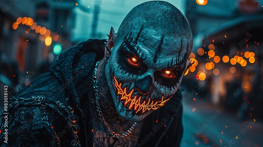 A striking figure with a skull-like face, glowing eyes, and a sinister grin. The backdrop features dim lights, enhancing the eerie atmosphere. A striking figure with a skull-like face, glowing eyes, and a sinister grin. The backdrop features dim lights, enhancing the eerie atmosphere.