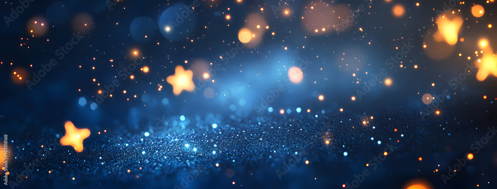 Abstract Bokeh Lights on Blue Background - Dreamy Golden Glow Abstract Bokeh Lights on Blue Background - Dreamy Golden Glow