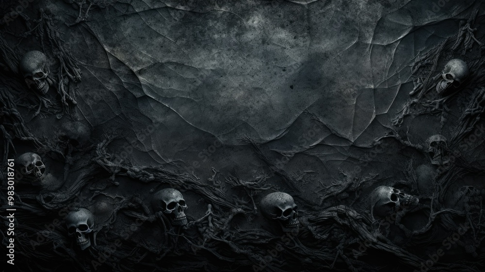 Fototapeta premium Scary wall background with skull bones on the wall, horror texture for background