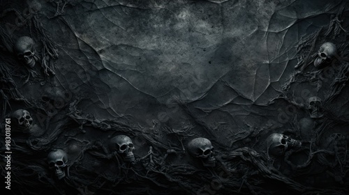 Scary wall background with skull bones on the wall, horror texture for background