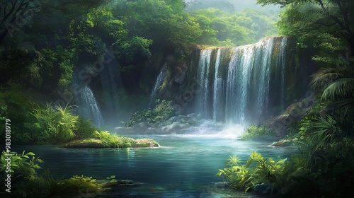 a cascading waterfall surrounded by lush greenery