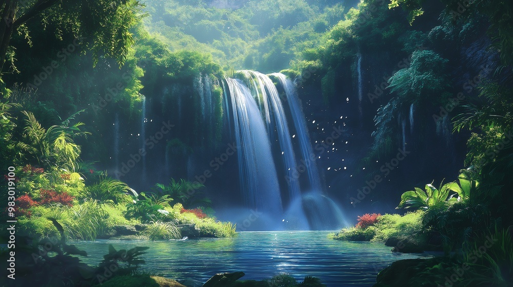 a cascading waterfall surrounded by lush greenery a cascading waterfall surrounded by lush greenery
