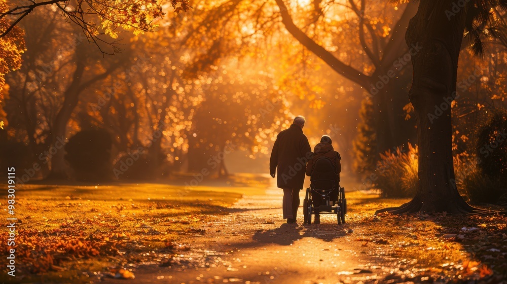 Elderly person in a wheelchair is guided through the park. Autumn Walk with Care: Golden Hour Stroll in the Park, Senior Care Concept. Generative ai Elderly person in a wheelchair is guided through the park. Autumn Walk with Care: Golden Hour Stroll in the Park, Senior Care Concept. Generative ai