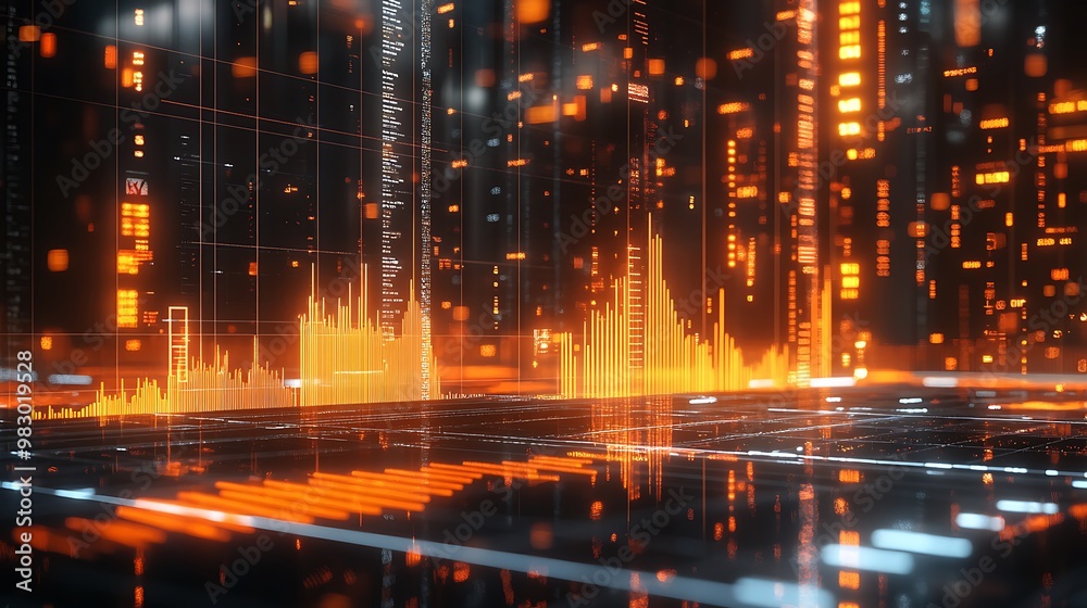 Futuristic Neon Data Visualization: Dynamic Financial Analytics and Technological Insights with Glowing Abstract Grid Patterns