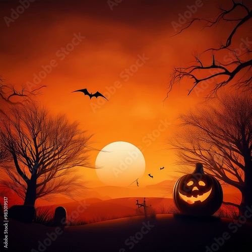 halloween background with pumpkin, Halloween-themed flat design, The sky is vibrant orange  photo