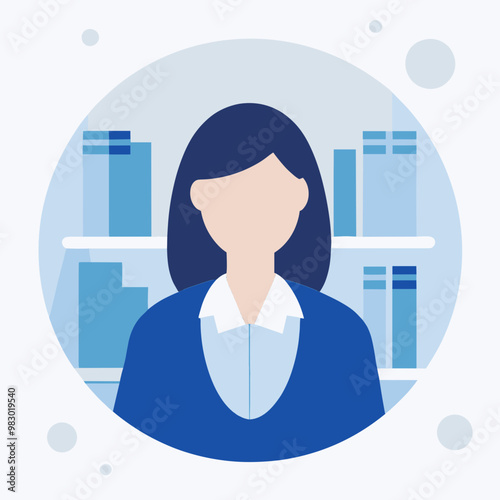 A woman is standing in front of a bookshelf. She is wearing a blue jacket and a white shirt