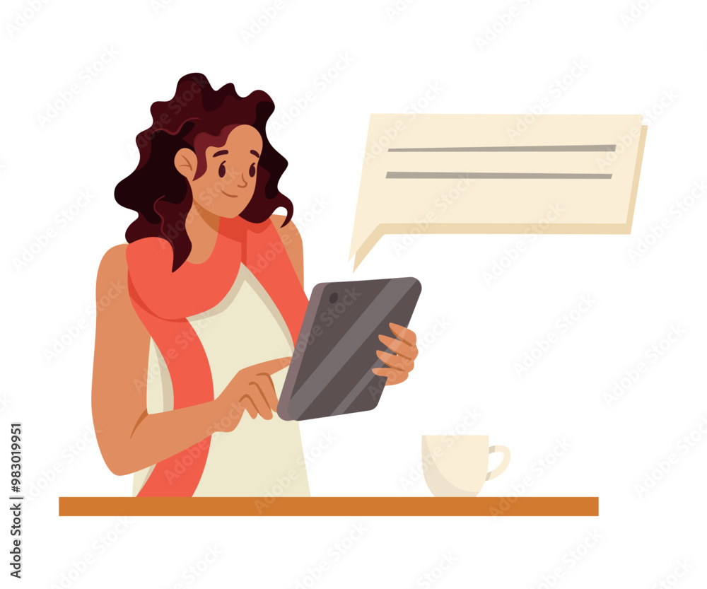 Online Communication with Woman Character with Tablet Chatting Vector Illustration Online Communication with Woman Character with Tablet Chatting Vector Illustration