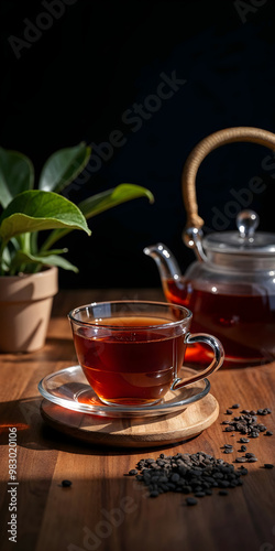 a glass cup of tea and teapot with some tea leaves, on a wooden table, isolated on a dark vertical background