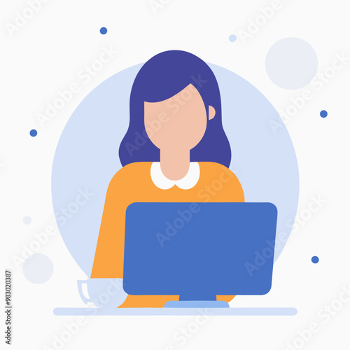 A woman is sitting at a desk with a laptop in front of her. She is wearing an orange shirt and has a cup of coffee next to her. Concept of productivity and focus