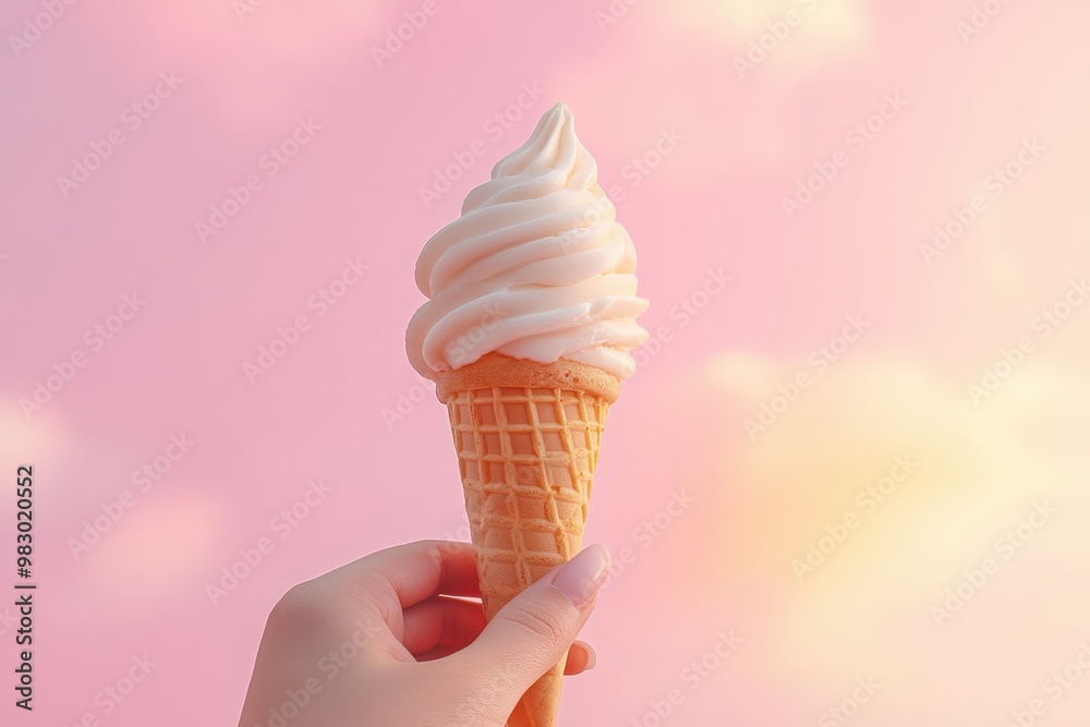 A single pink ice cream cone with a waffle cone against a blue background. Perfect for summer and dessert-themed content.. Beautiful simple AI generated image A single pink ice cream cone with a waffle cone against a blue background. Perfect for summer and dessert-themed content.. Beautiful simple AI generated image