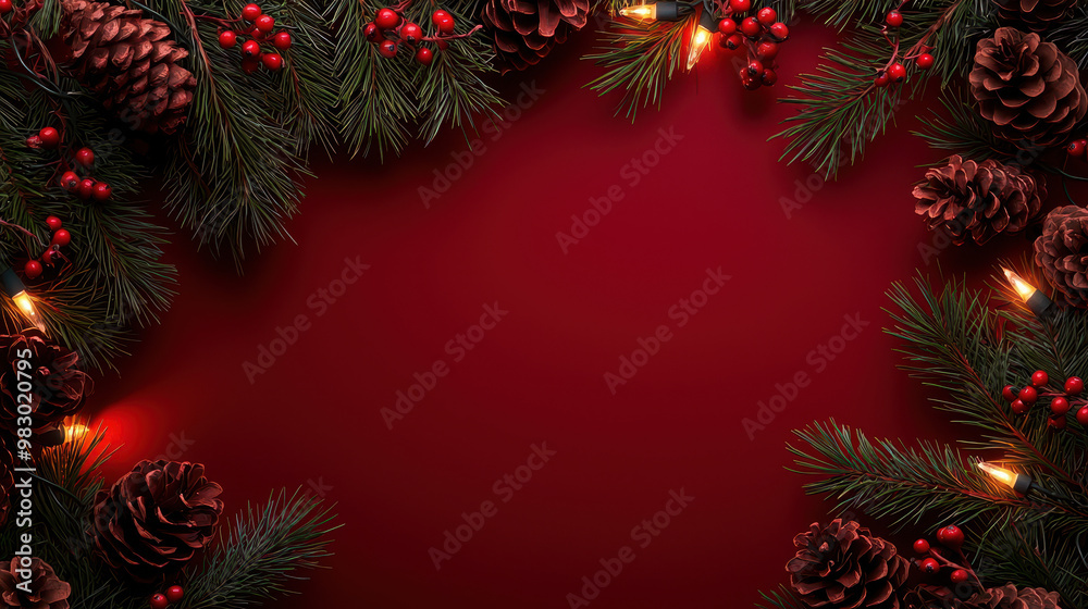 Festive pine branches with pinecones and berries, illuminated with warm lights, on a rich red background for holiday decoration Festive pine branches with pinecones and berries, illuminated with warm lights, on a rich red background for holiday decoration