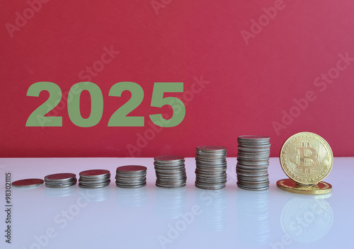 Growth of cryptocurrency investments with stacks of coins representing future projections for 2025 concept