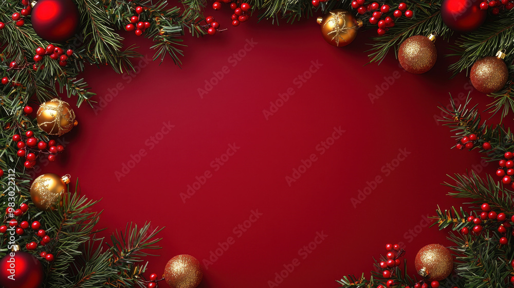 Festive Christmas wreath with red and gold ornaments on a rich red background, perfect for holiday decorations and greetings Festive Christmas wreath with red and gold ornaments on a rich red background, perfect for holiday decorations and greetings