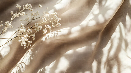 The wedding textile background features an aesthetic boho aesthetic, a draped neutral beige linen texture, and an abstract floral sunlight shadow.