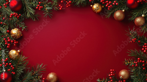 Festive Christmas wreath with red and gold ornaments on a rich red background, perfect for holiday decorations and greetings