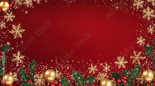 Festive holiday border featuring golden ornaments, snowflakes, and holly on a rich red background, perfect for seasonal designs
