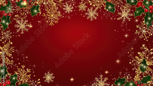 Elegant festive border design featuring gold snowflakes and holly leaves on a rich red background perfect for holiday cards