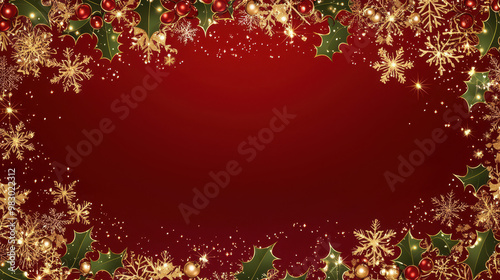 Festive Christmas border design featuring snowflakes, holly leaves, and ornaments on a vibrant red background for holiday-themed projects